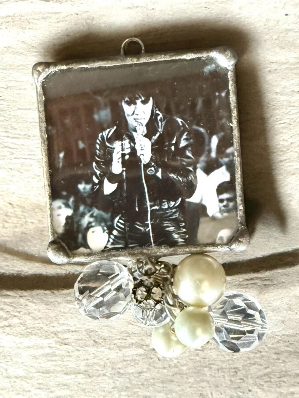 Silver-Tone Elvis Photo Bezel Necklace Pendant with Clear Crystal & Pearl Charms